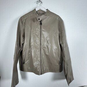 Bata Mens Full-Zip Biker Moto Leather Jacket Size XL Beige Zipper Pockets Lined